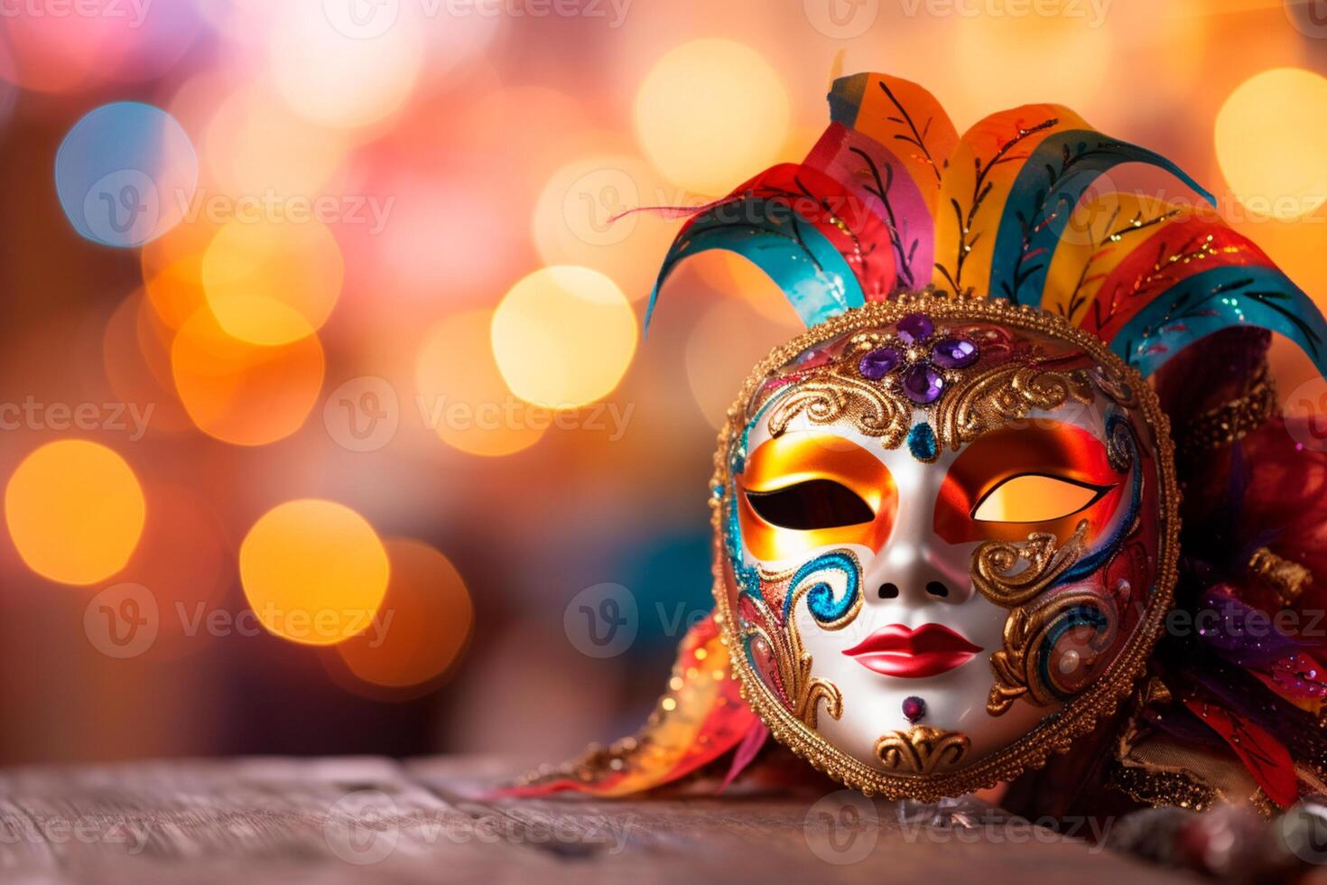 AI generated Close-up of a colorful carnival mask, an essential element for the party. Carnival mask highlighted, displaying its richness of colors on a surface. photo