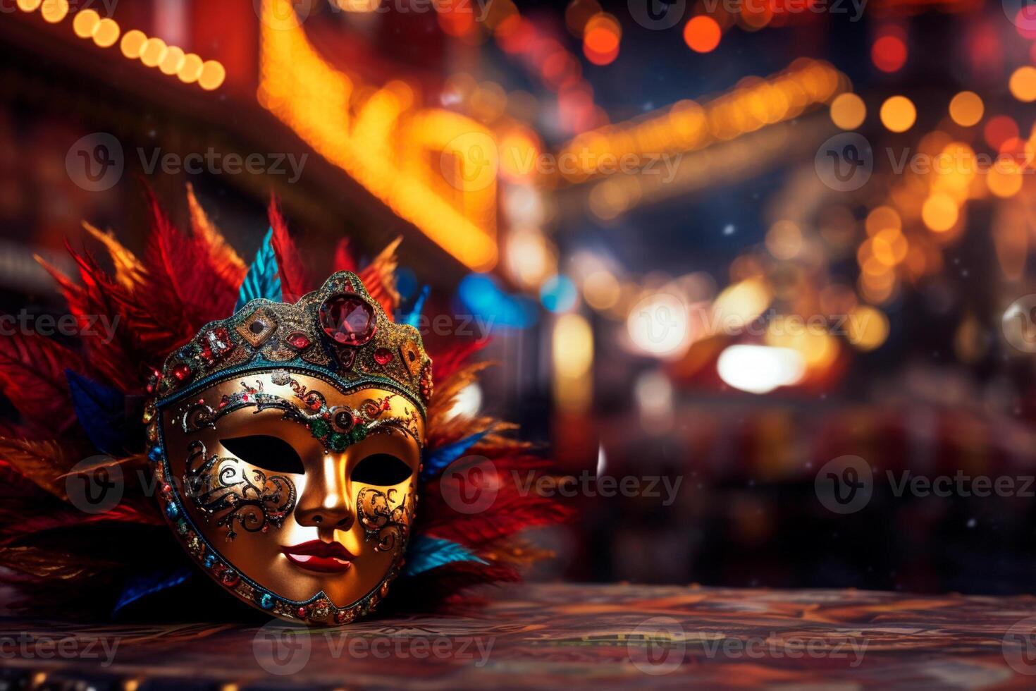 AI generated Close-up of a colorful carnival mask, an essential element for the party. Carnival mask highlighted, displaying its richness of colors on a surface. photo