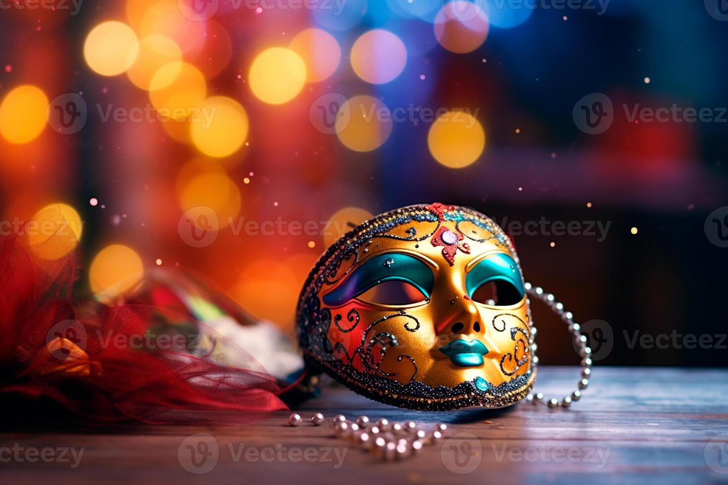 AI generated Close-up of a colorful carnival mask, an essential element for the party. Carnival mask highlighted, displaying its richness of colors on a surface. photo