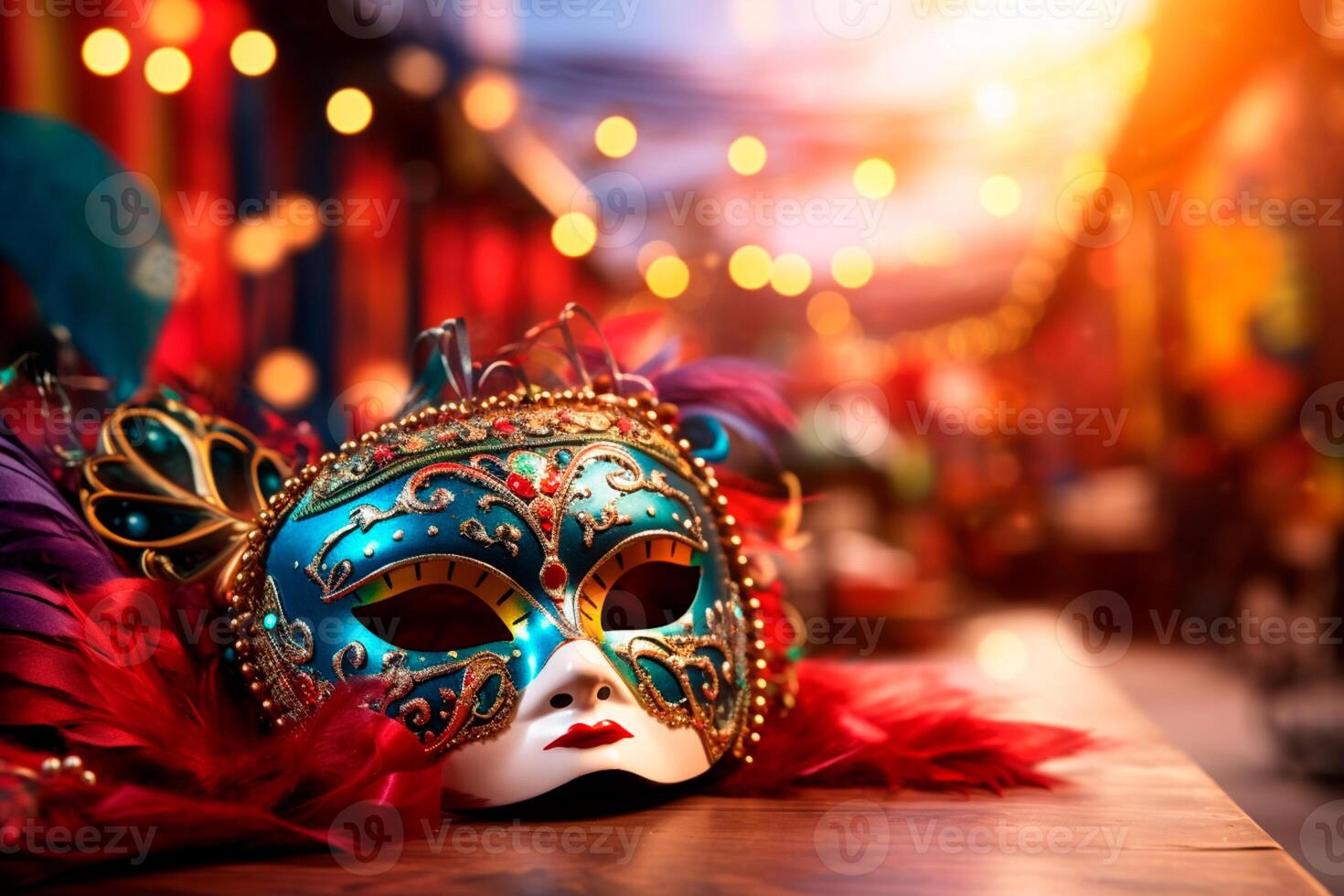 AI generated Close-up of a colorful carnival mask, an essential element for the party. Carnival mask highlighted, displaying its richness of colors on a surface. photo