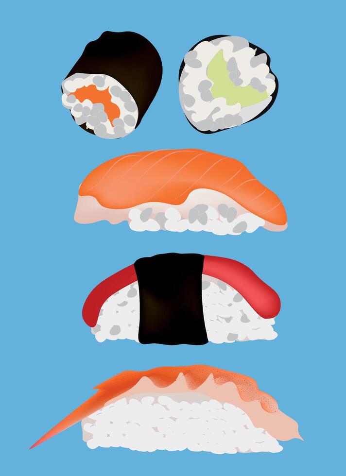 Vector illustration of Japanese cuisine rolls sushi set