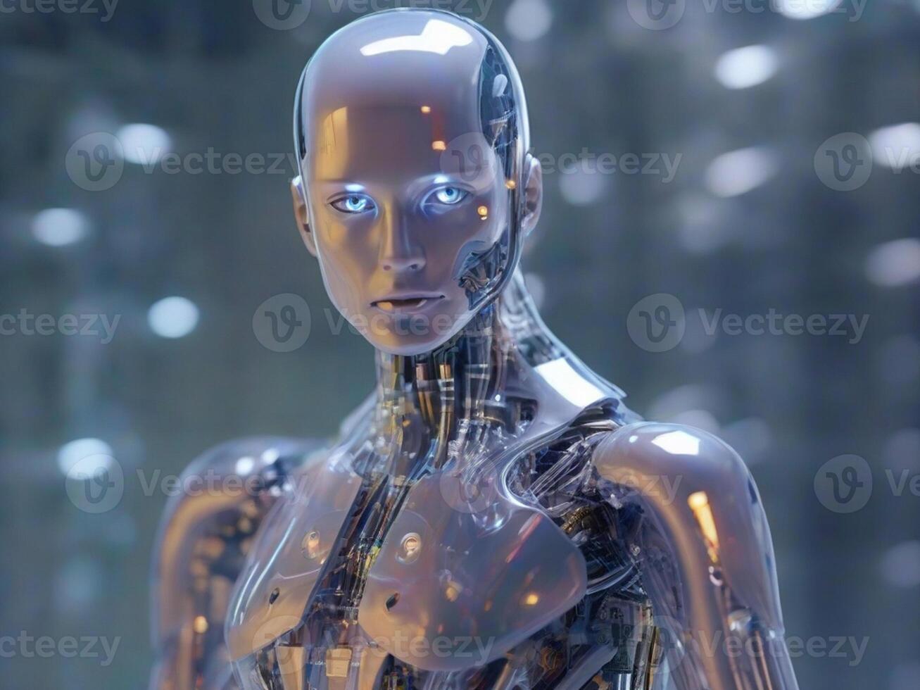 AI generated Cybernetic robot head close up futuristic humanoid with complex mechanical parts, bright circuitry, metallic glossy finish photo