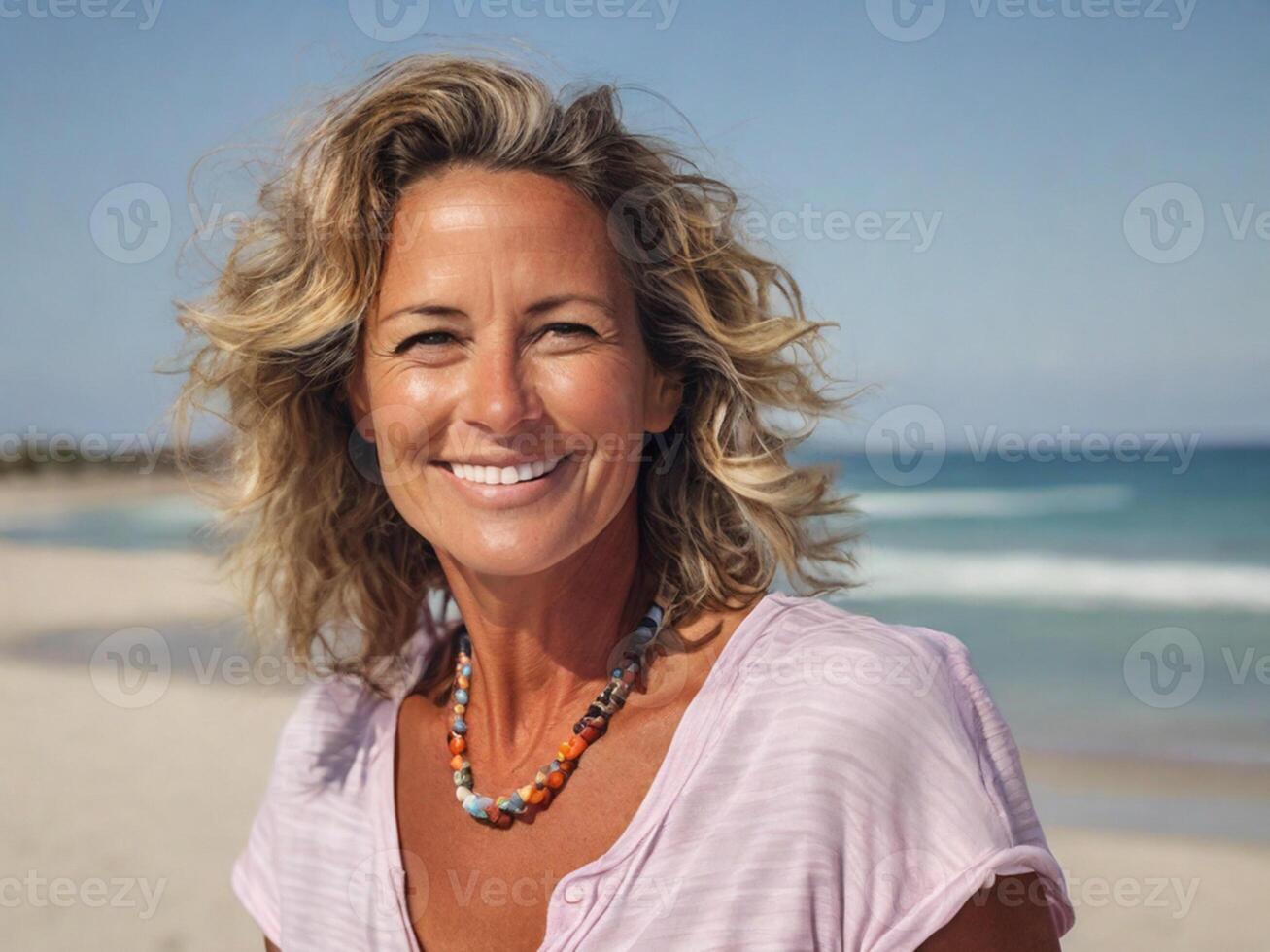 AI generated Portrait of a beautiful 40 year old blonde woman on the beach photo