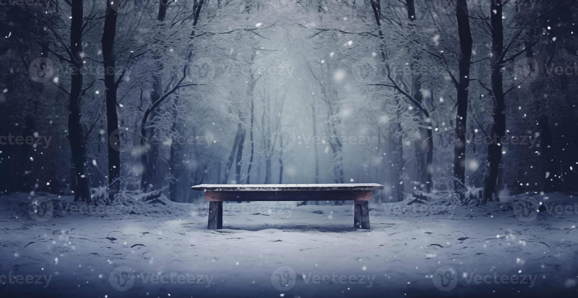 AI generated Image of a winter forest, landscape, snow, trees, cold season, Christmas. Composition for design, space for text photo