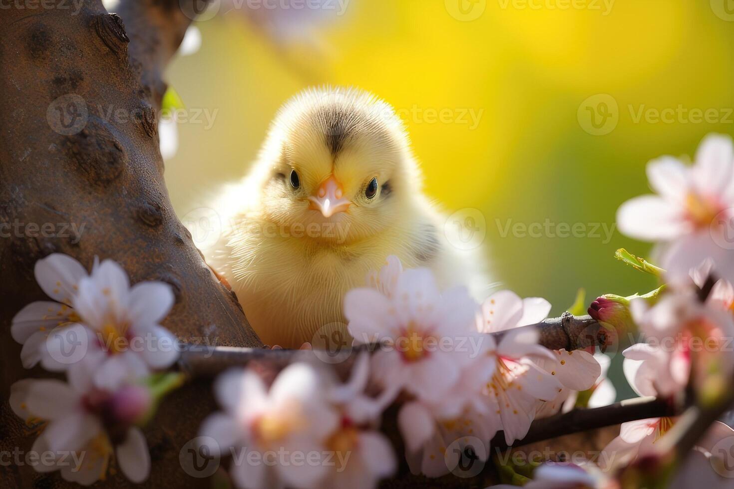 AI generated Cute little yellow chick and spring flowers. Spring background. AI-generated content. photo