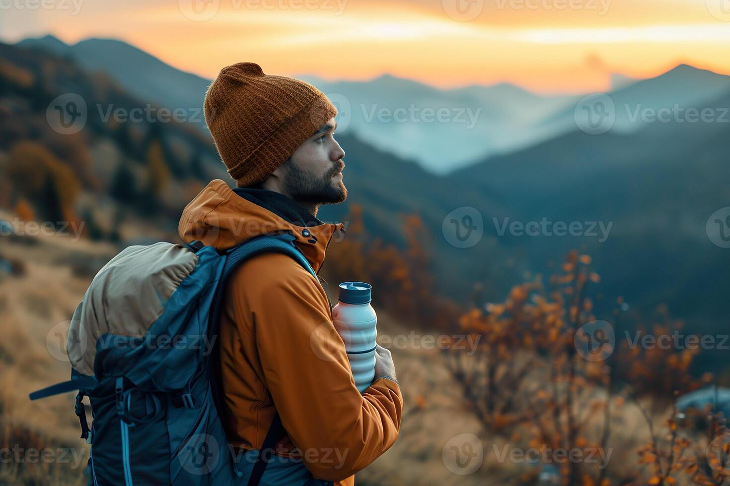 AI generated A man with a blue backpack holding a travel mug. Generative AI. photo