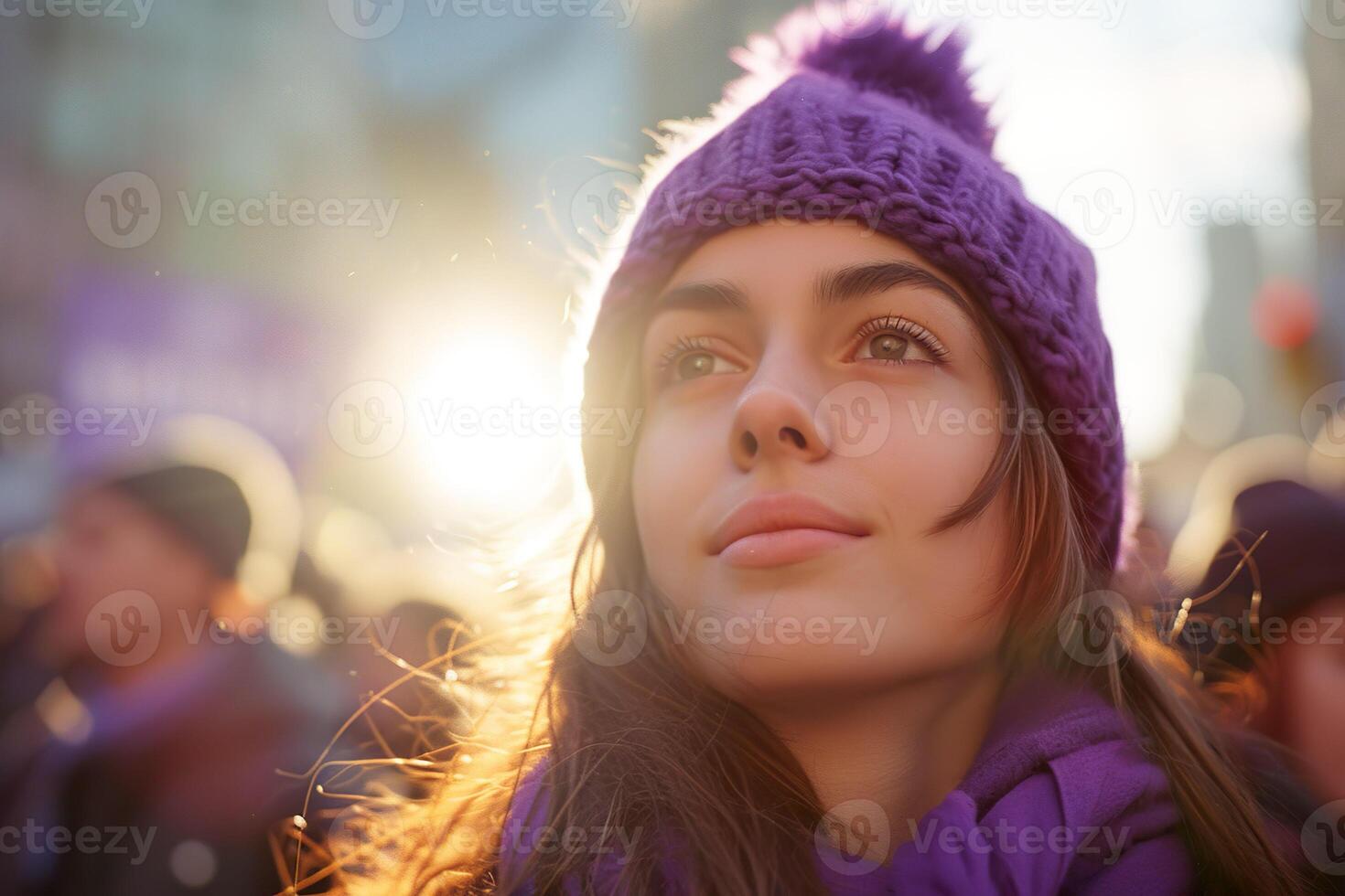 AI generated Woman smiling in purple attire. Generative AI. photo