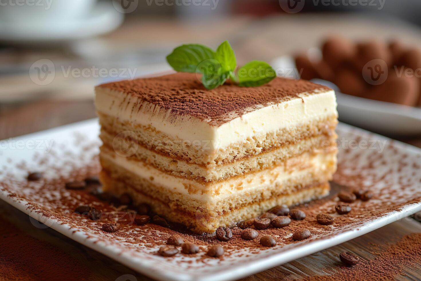 AI generated A slice of tiramis surrounded by ingredients like cocoa powder, cinnamon sticks, and coffee beans on a wooden table. Generative AI. photo