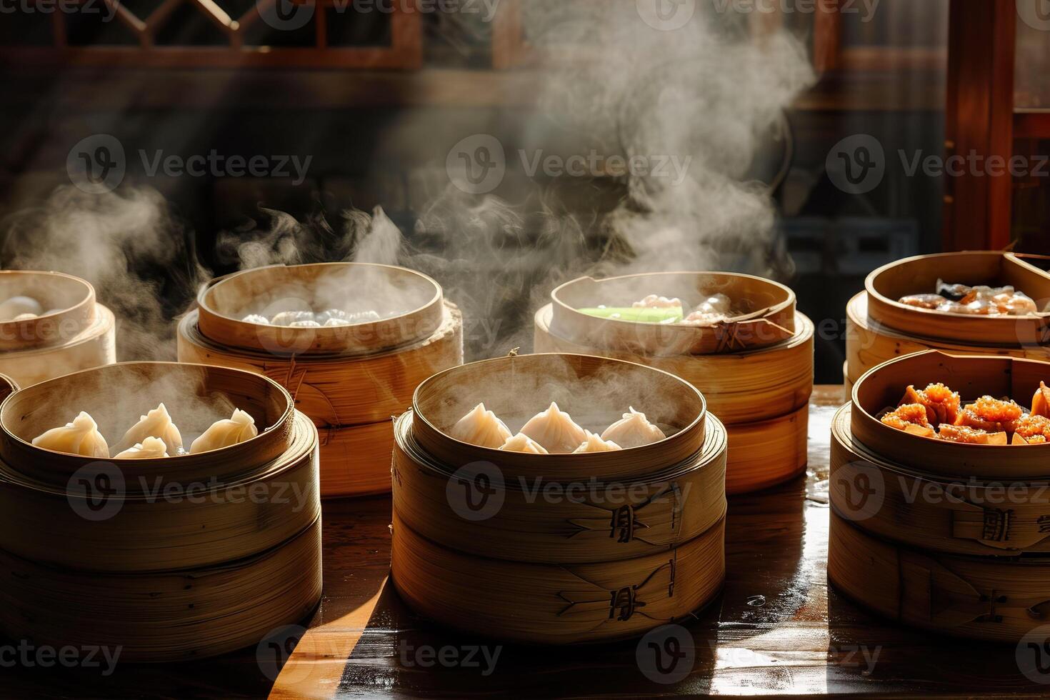 AI generated A traditional Chinese dim sum in bamboo steamers. Generative AI. photo