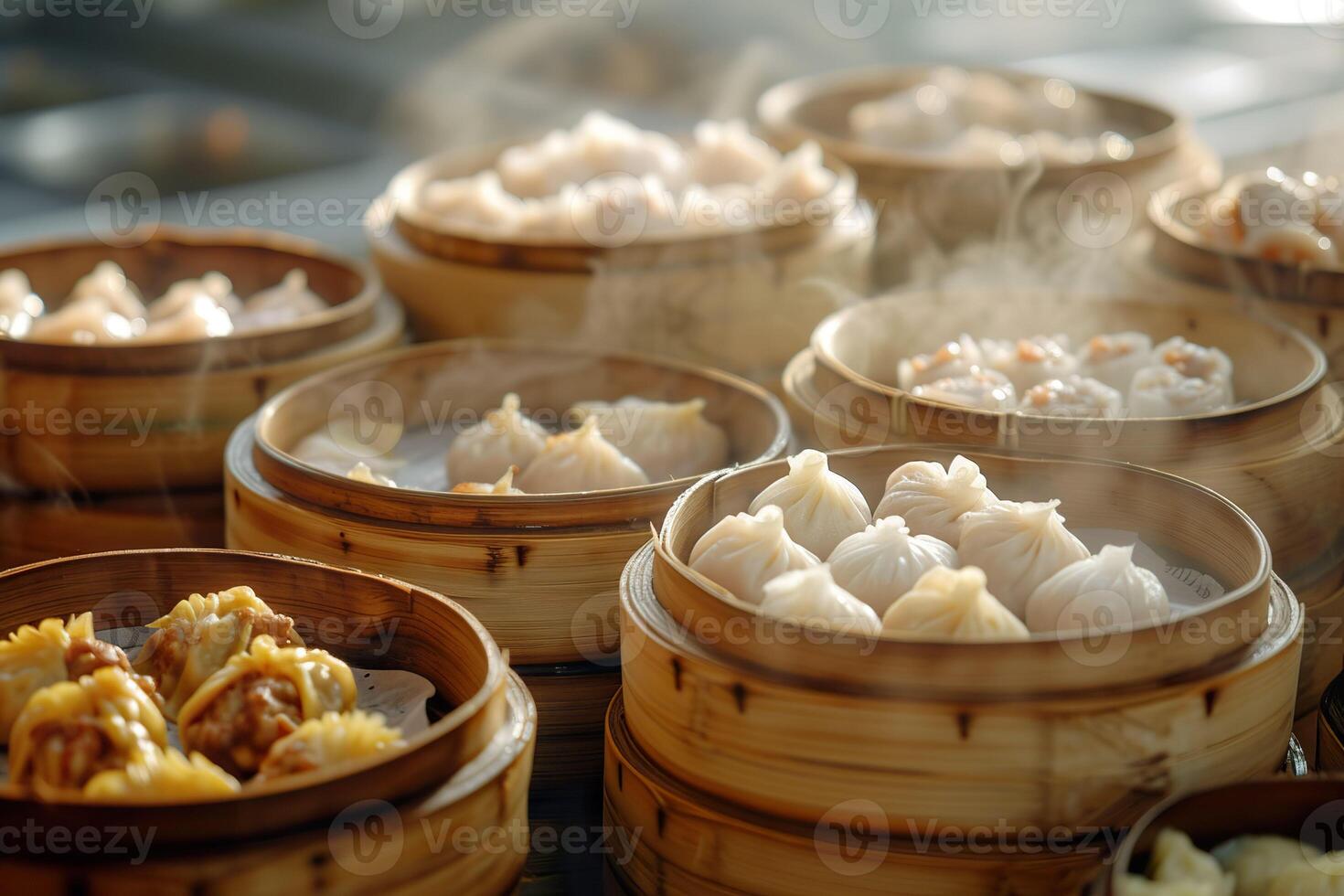 AI generated Close-up of a Chinese dim sum in bamboo steamers. Generative AI. photo