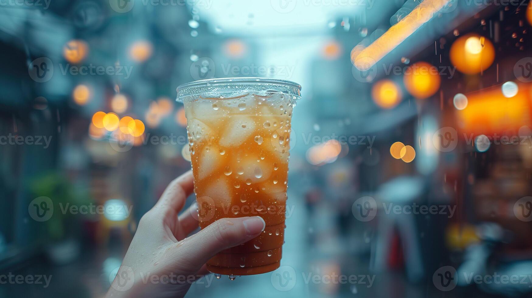 AI generated Closeup hand holding a tall cup of iced coffee and cityscape in the background. Generative AI. photo
