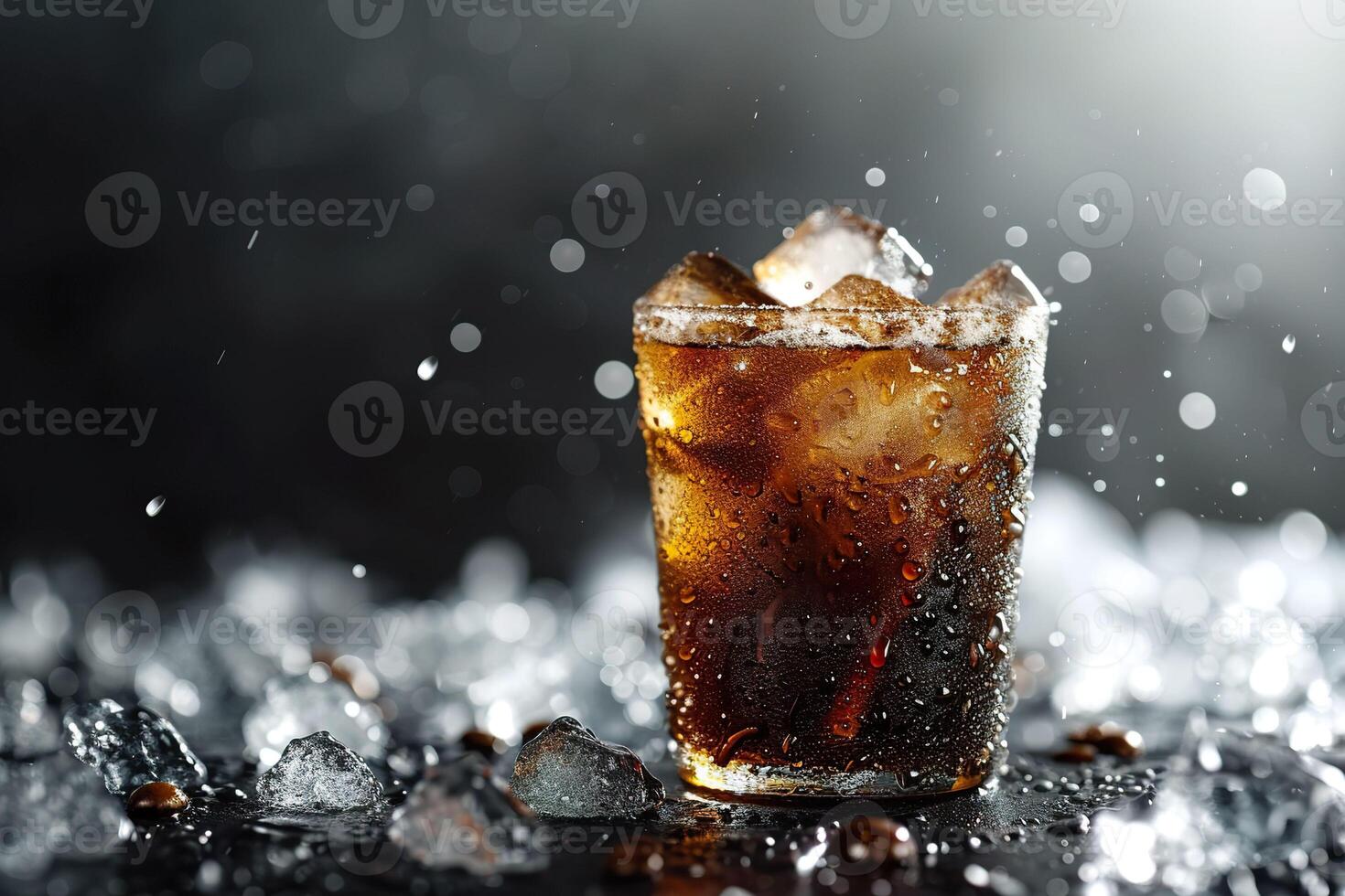 AI generated A glass of iced cola and scattered ice cubes on abokeh background. Generative AI. photo