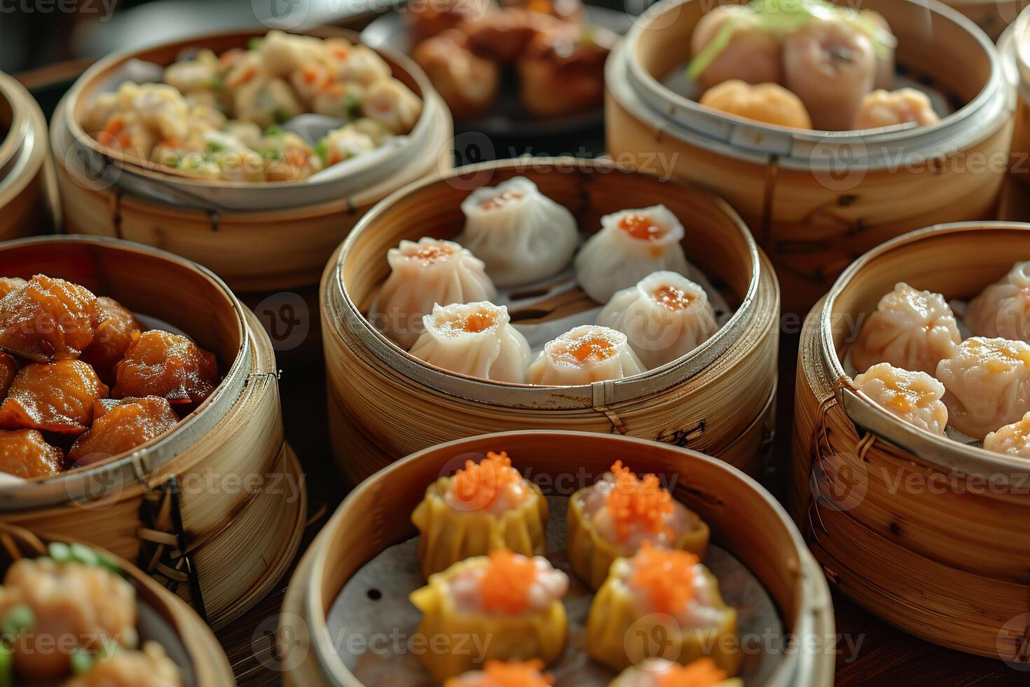 AI generated Close-up of a Chinese dim sum in bamboo steamers. Generative AI. photo