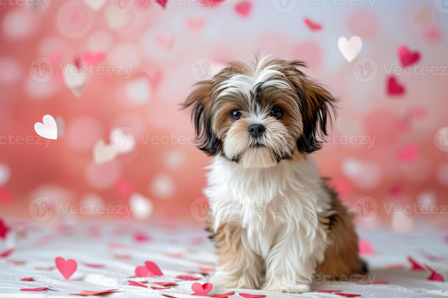 ai generado un linda shih tzu perro sentado en frente de un fondo lleno con papel corazones. generativo ai. foto