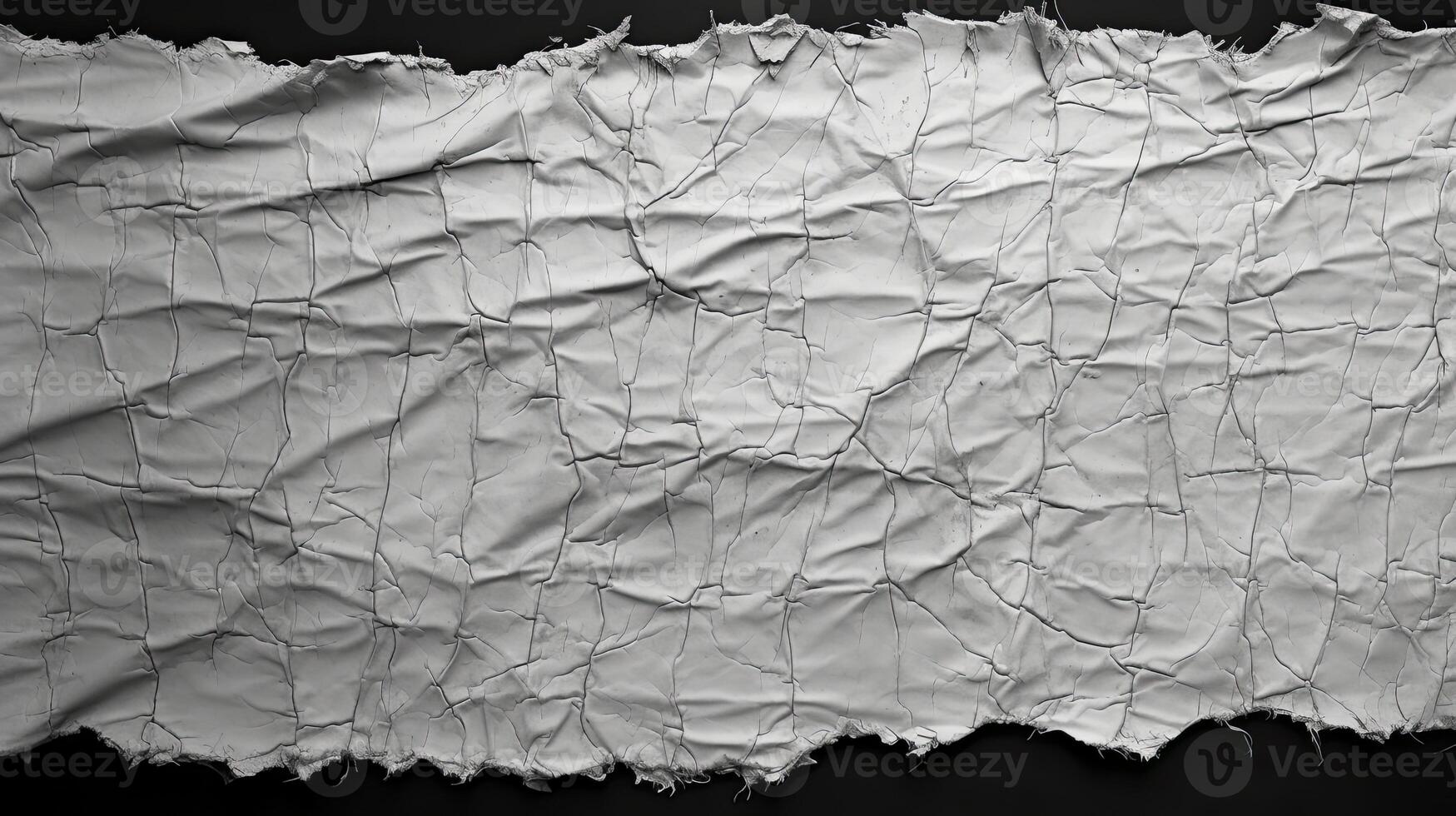 AI generated black and white grunge of a torn white fabric, black background, photo