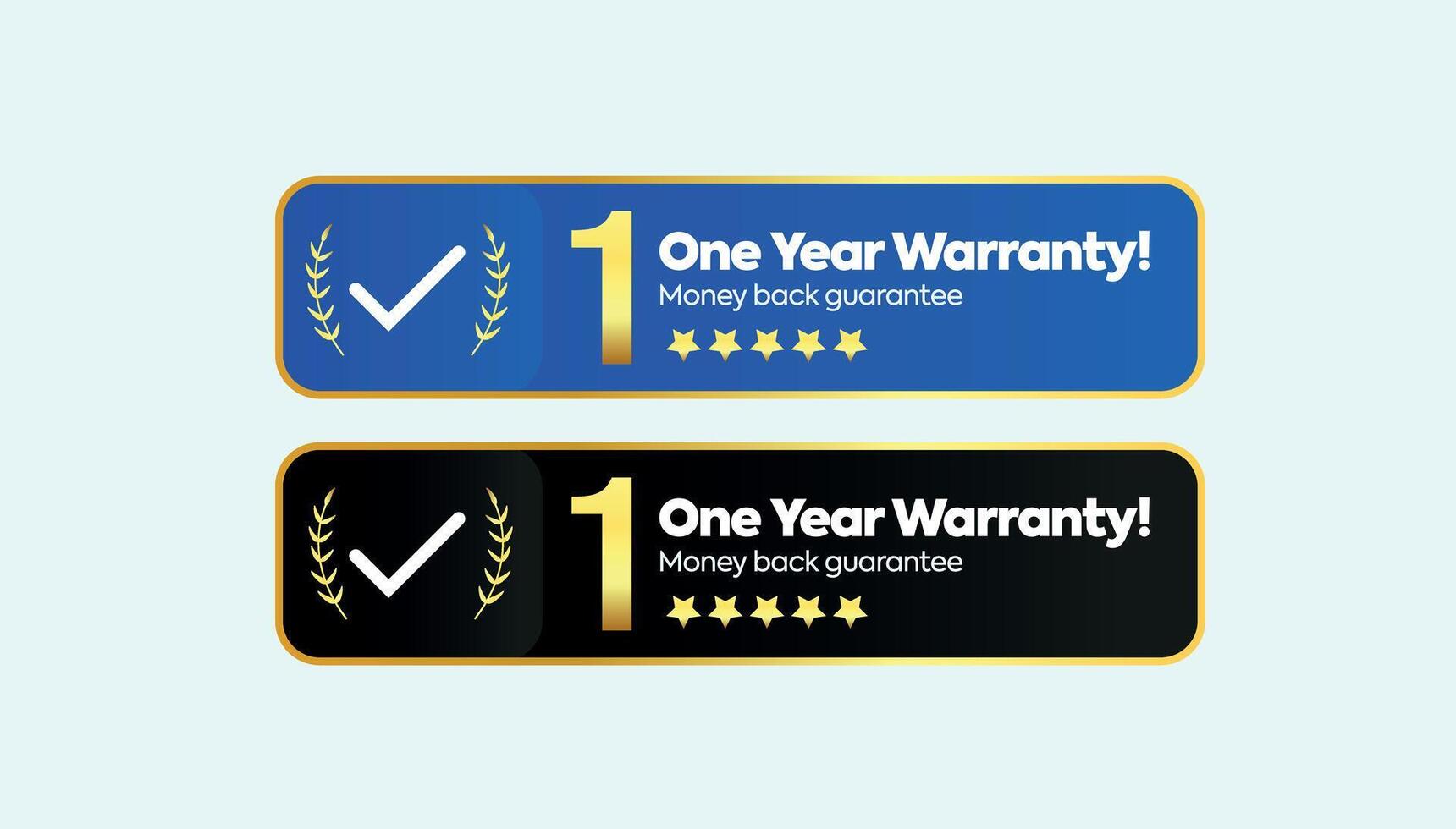 One year Warranty. Two different designs of 1 year warranty stamp, badge, label in golden and black and blue colour with light cyan background. Warranty card, stamp, label design, concept vector