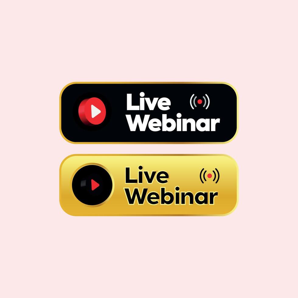 Live webinar. Live webinar cover banner with two labels in black and yellow colours. Live streaming symbols with play buttons. Vector illustration. Live streaming concept labels for online education.