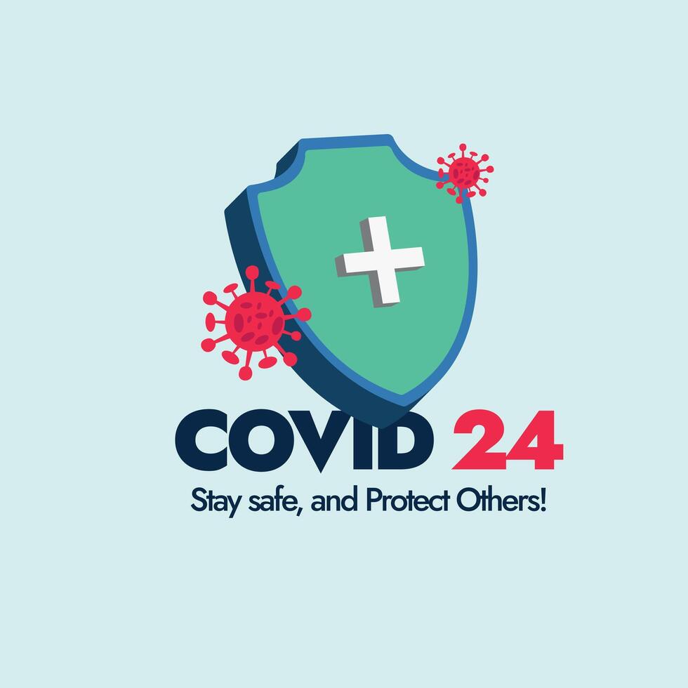 Covid-19 in 2024 banner. Protection from Coronavirus new variant in 2024 awareness social media banner with a protection shield and corona cells icon. JN.1 new variant of omicron discover in 2024 vector