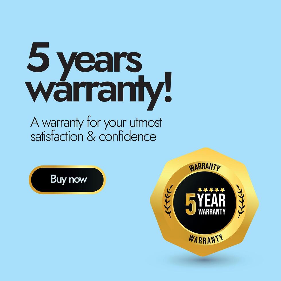5 years warranty. Five year warranty card with one year warranty icon, label, emblem. We are giving best quality products with one year warranty buy now. Social media post in blue colour. Guarantee vector