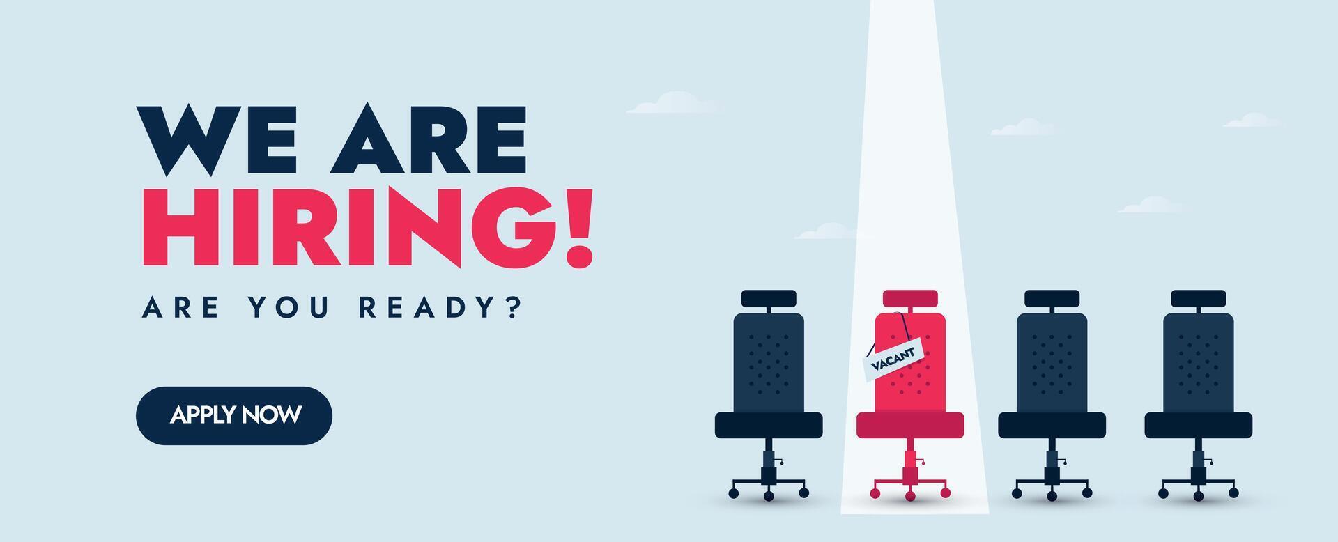 We are hiring cover banner. We are hiring announcement cover banner with four empty office chairs having a vacant sign on pink chair. Hiring cover banner concept for recruiter. Recruitment cover vector