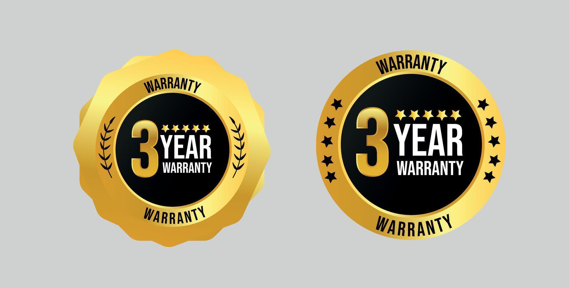 3 years of warranty. Three years warranty card with two different labels, stamps, icons design. 3 years warranty labels, stamp designs in golden and black colour. Quality assurance with warranty card vector