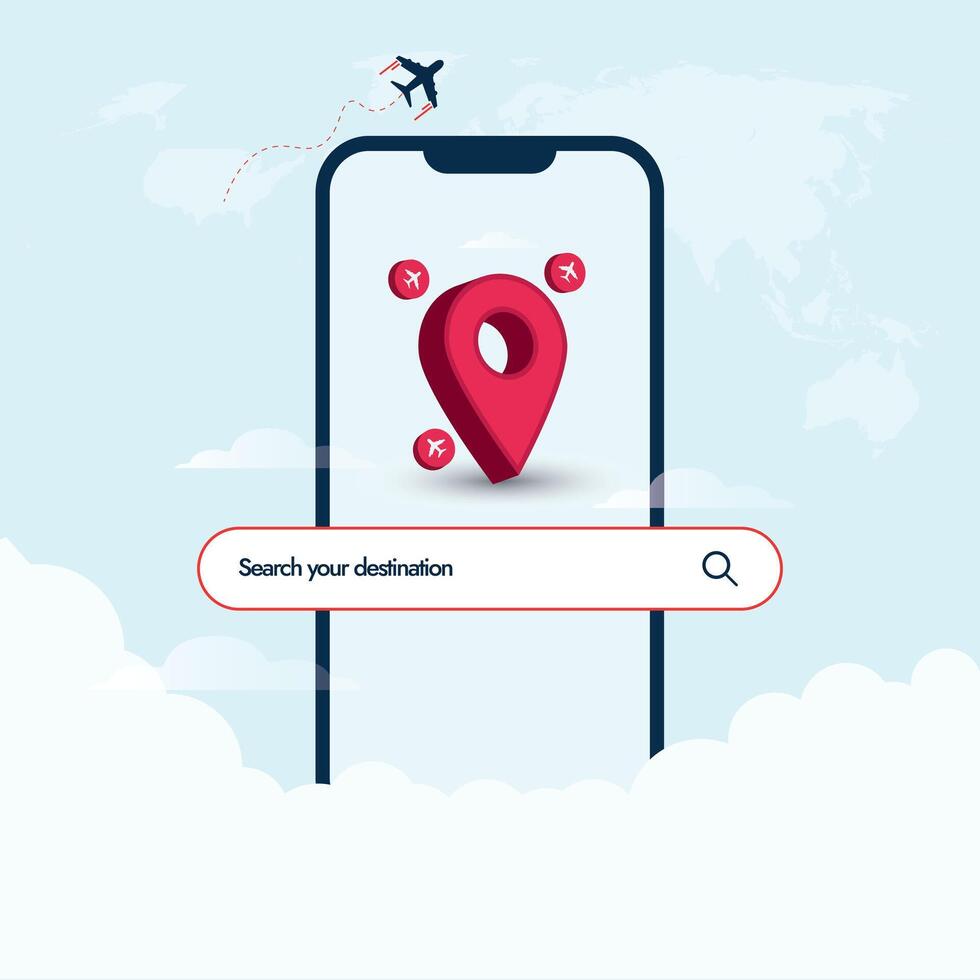 móvil navegación móvil aplicación para de viaje. viaje el mundo ahora con mejor paquetes viaje agencia social medios de comunicación promoción bandera con un móvil teléfono pantalla y ubicación icono, y aviones vector