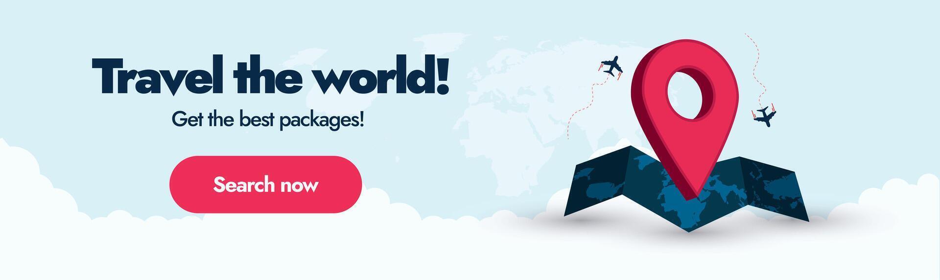 Travel cover social media banner. Travel the world cover banner with world map and location icon. Travel the world now, get the best packages. Travel agency advertising cover banner. Tourism Day vector