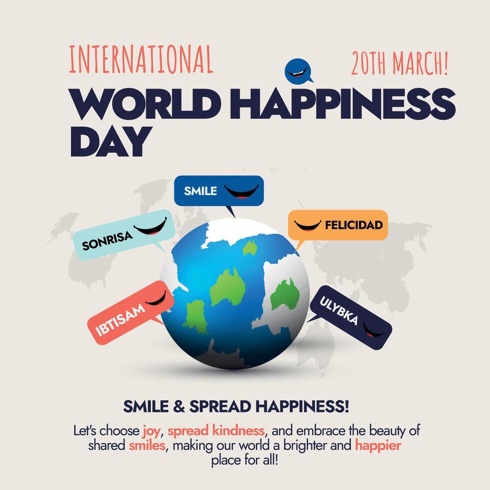 International World Happiness day. 20th March International World happiness day social media post with an earth globe and speech bubbles of word smile in different languages smile, sonrisa, felicidad vector