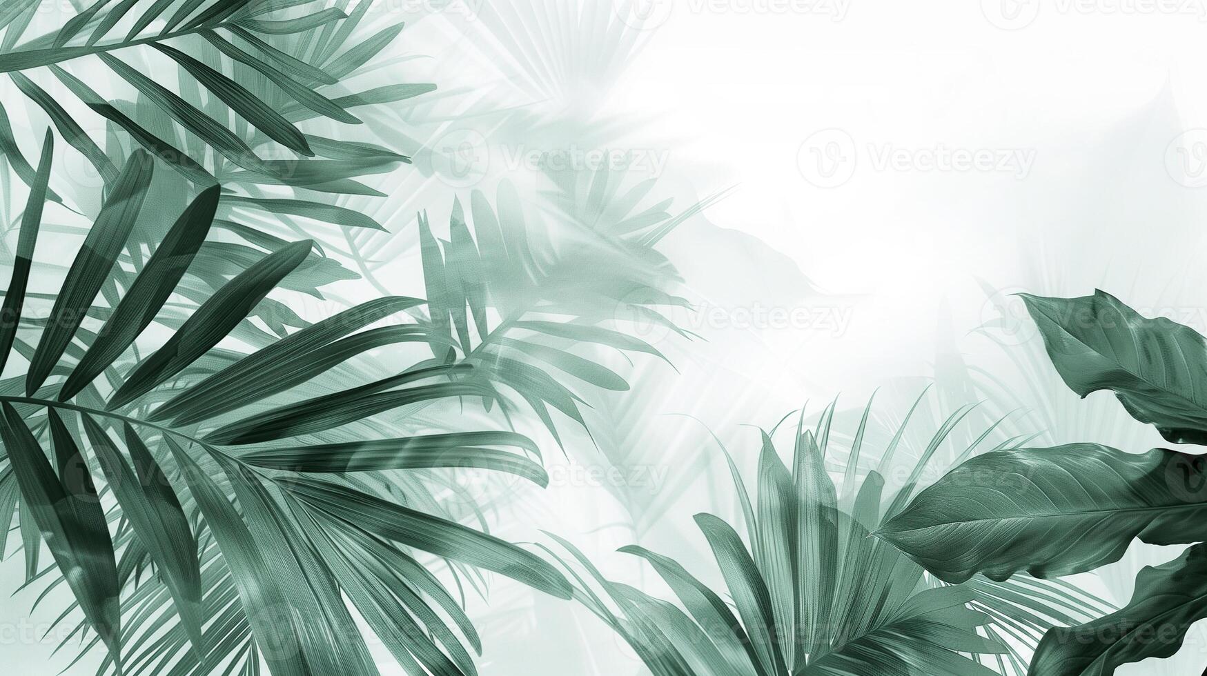 AI generated Tropical green palm leaves on a light back.  Abstract summer template. photo