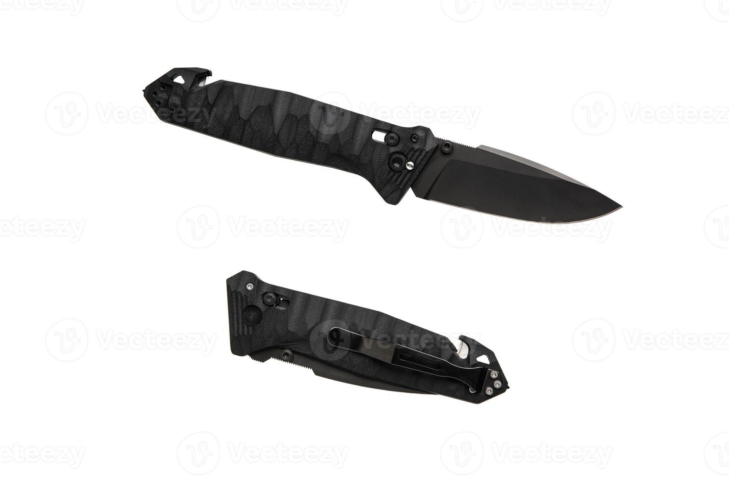 Pocket modern folding knife. Pocket knife with corkscrew and sling cutter. Isolate on a white back photo