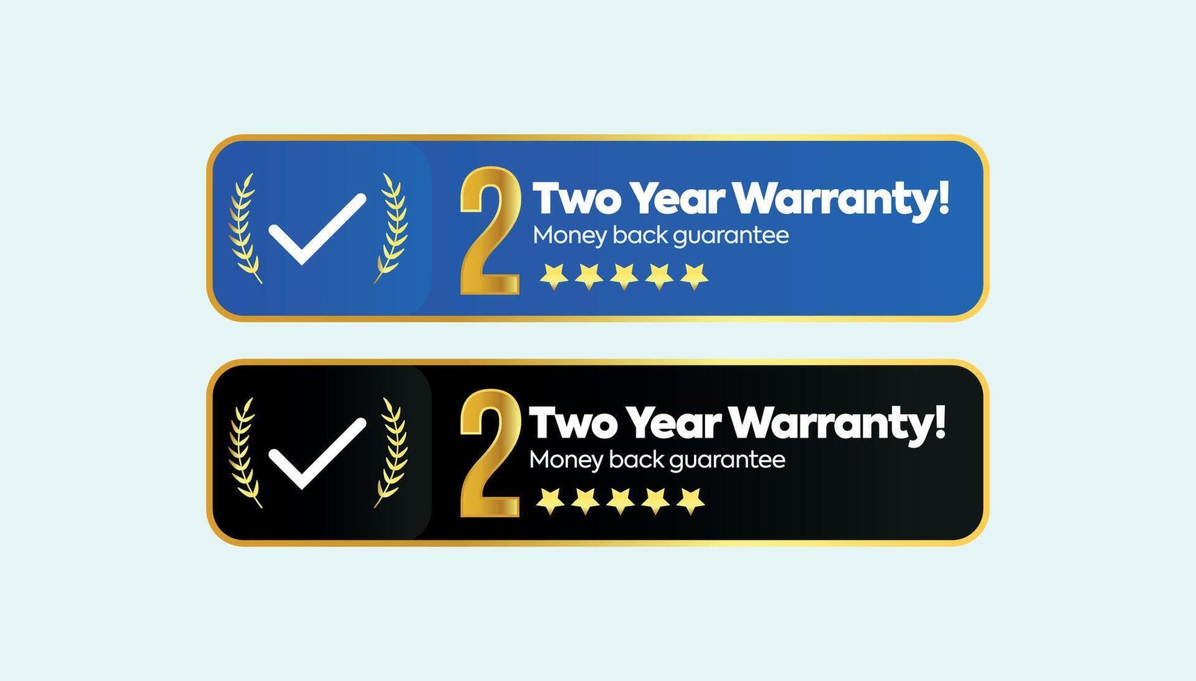 2 years of warranty. Two years warranty card with two different labels, stamps, icons design. 2 years warranty labels, stamp designs in golden, black and blue colour. Money back guarantee Vector