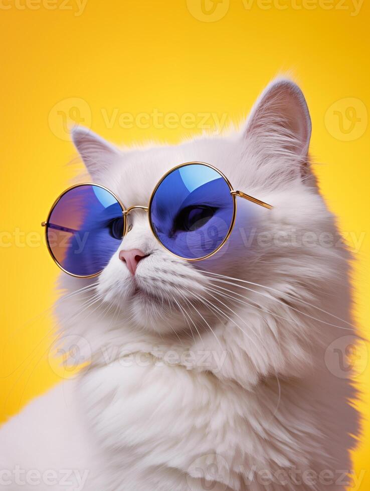 ai generado retrato de un blanco mullido gato vistiendo redondo Gafas de sol. lujoso Doméstico gatito en lentes poses en amarillo antecedentes pared. generativo ai. ai. foto