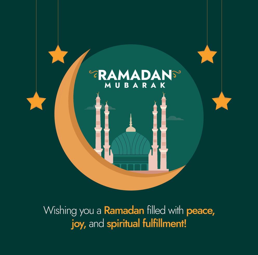 Ramadan Mubarak greeting card in green colour theme. Ramadan Mubarak 2024 banner with a mosque tomb and mosque pillars and hanging stars. Ramadan post card template. Vector illustration