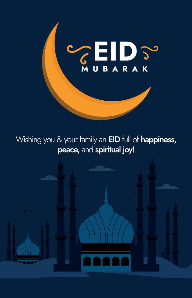 Eid Mubarak. Eid Mubarak greeting card, banner, story post with mosque tombs, pillars and crescent moon in blue colour theme. Eid Mubarak Arabic Text. Eid greeting card and wishes. Vector illustration