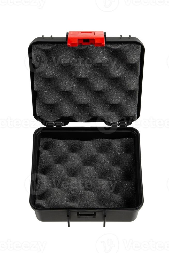 Black plastic container with foam inside for safe storage and transportation of fragile and expensive items. Sturdy plastic case. Isolate on a white back. photo
