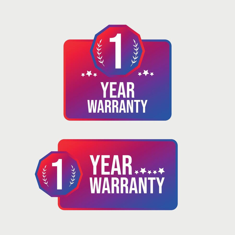 One year Warranty. Two different designs of 1 year warranty stamp, badge, label in neon red and purple dual colour with light grey background. Warranty card, stamps, labels design, concept vector