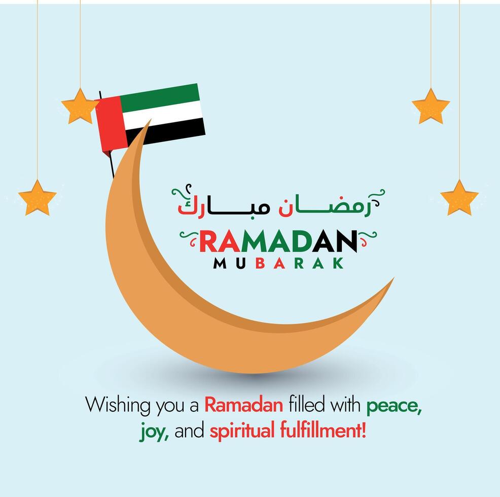 UAE Ramadan Mubarak. Ramadan Mubarak wish for UAE people with Flag. UAE Flag in Ramadan Flag. Crescent Moon and Stars. Muslim Festive wish 2024 banner, card and social media post in light background vector