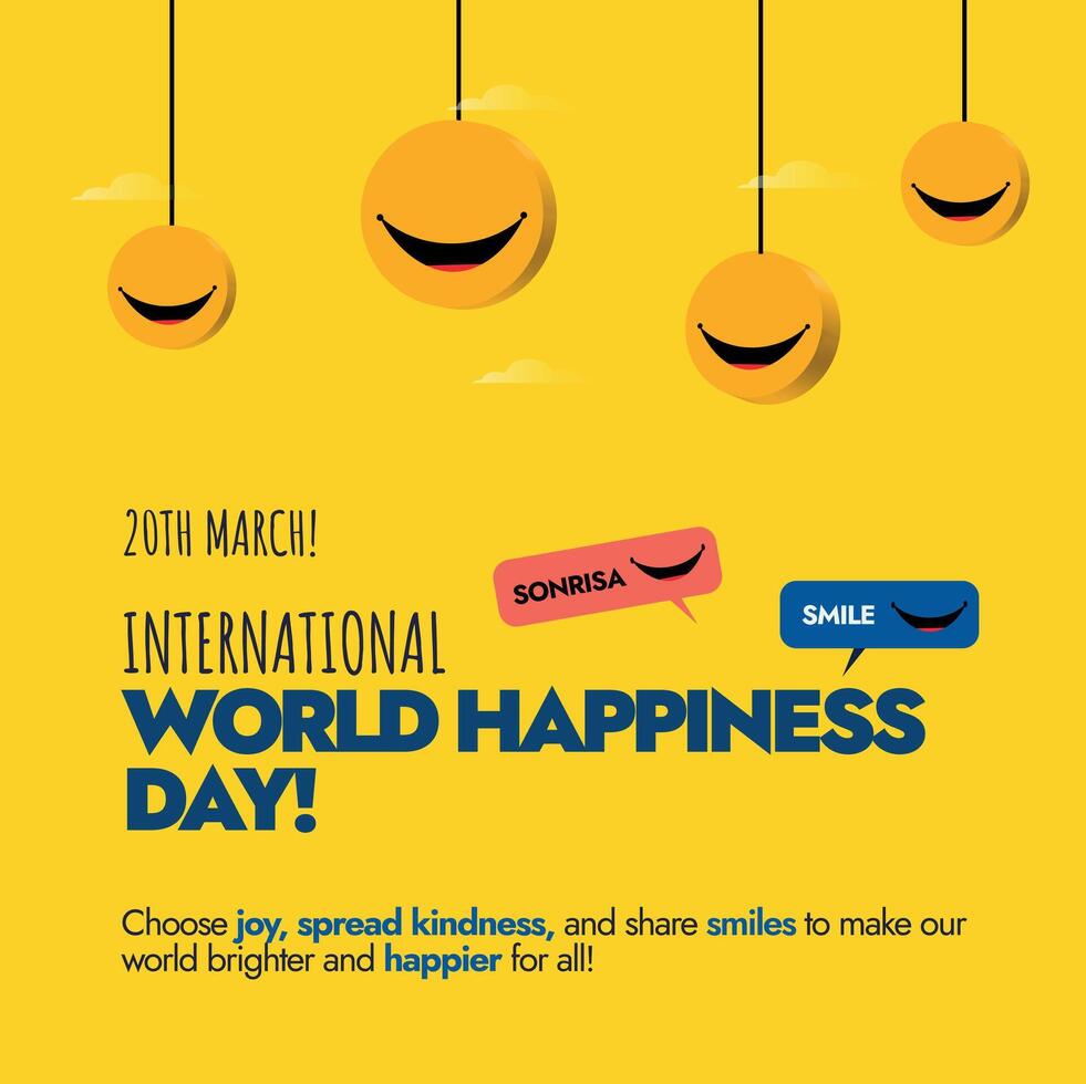 internacional mundo felicidad día. Vigésimo marzo internacional mundo felicidad día con colgando sonrisa emojis en amarillo color. felicidad día bandera en amarillo antecedentes. vector