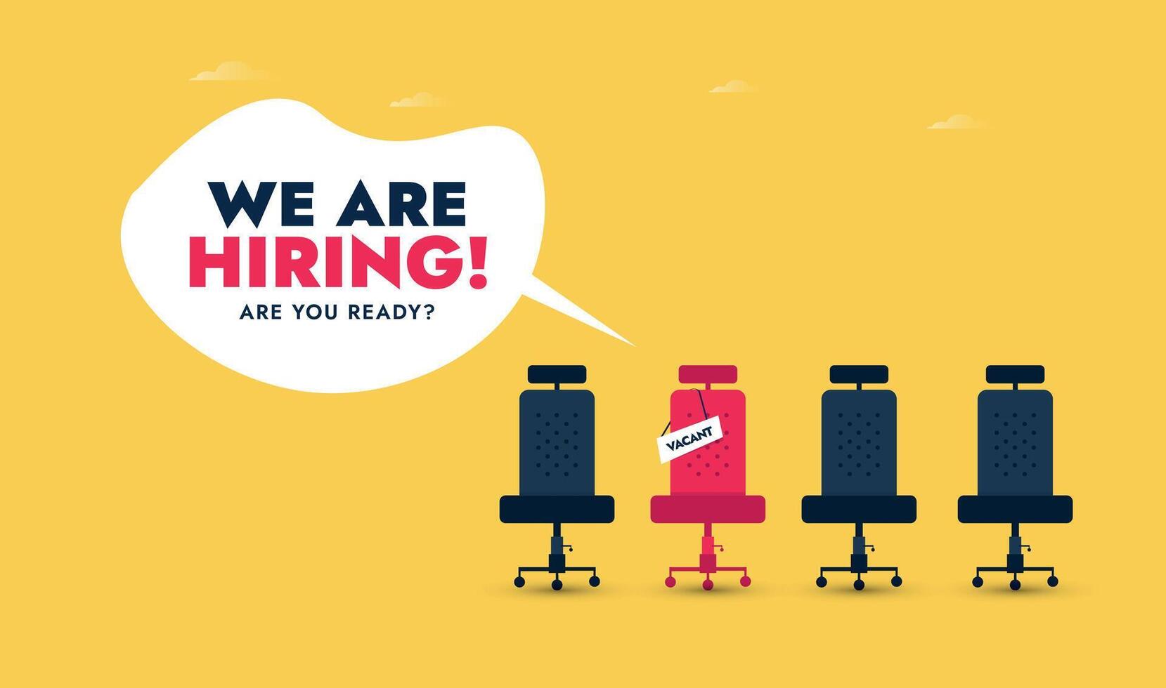 We are hiring. We're hiring cover banner with empty office chairs ready to be equipped having a vacant sign. Job recruitment cover banner in yellow colour. Recruitment process concept vector