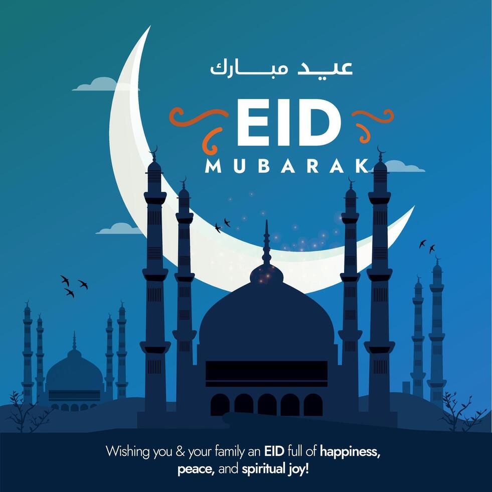 Eid Mubarak. Eid Mubarak greeting card, social media post, banner with mosque tombs, pillars and crescent moon in blue colour theme. Eid greetings and wishes. vector