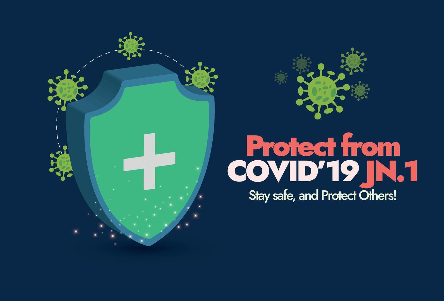 Covid-19 new variant JN.1 awareness social media post. Protection from Covid-19 JN.1 banner in dark blue background colour with protection shield icon and corona cell icon. Stay safe vector