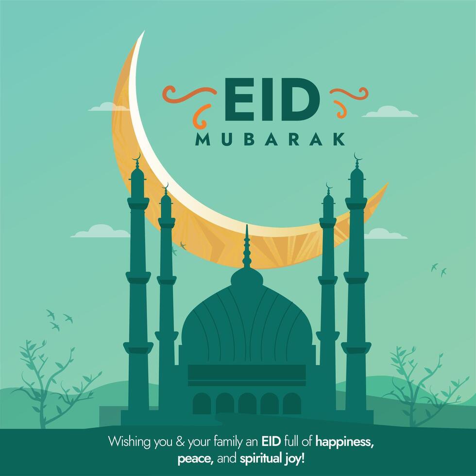 Eid Mubarak. Eid Mubarak greeting banner, social media post in green colour theme with mosque tomb, pillars and golden crescent moon. Eid celebrations wishing card, postcard, banner. vector