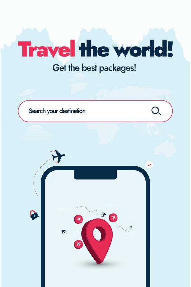 Mobile navigation mobile app for traveling. Travel the world now with best packages. Travel agency social media promotion banner with a mobile phone screen and location icon, and airplanes. vector