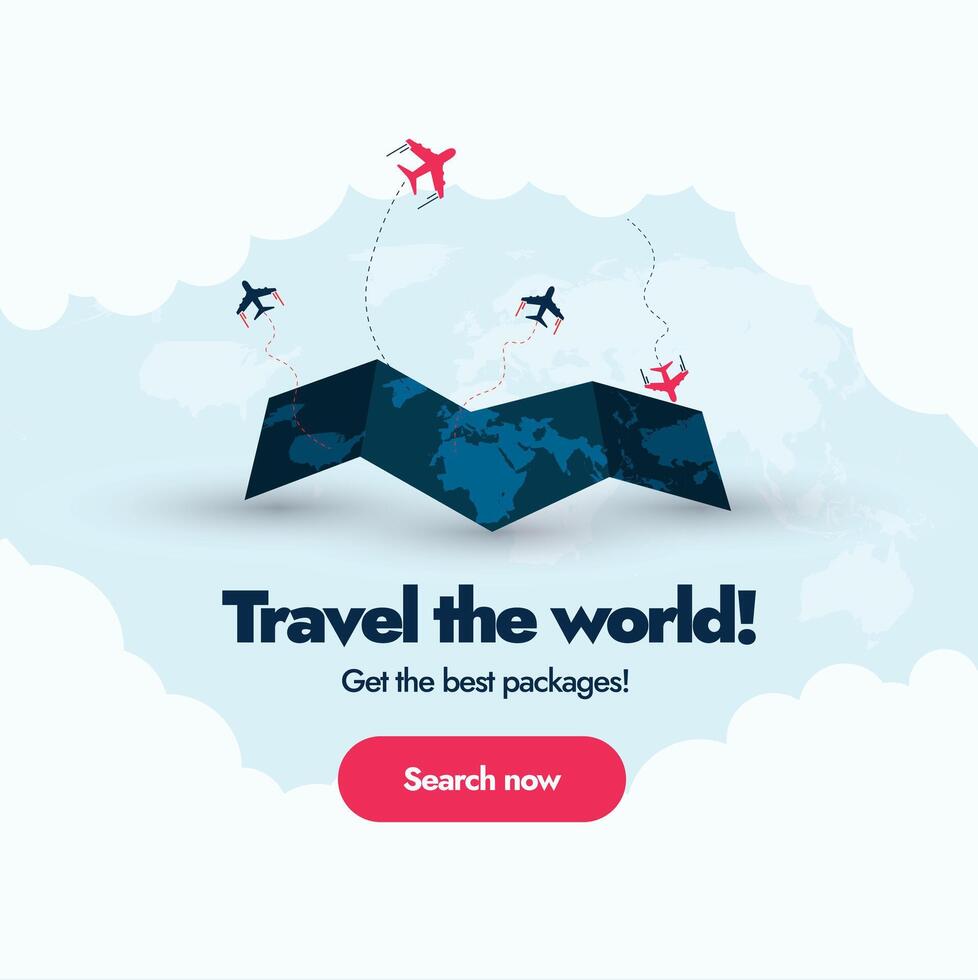 Travel and Tourism social media post. Travelling agency cover for best packages. Travel the world Cover with a folding world map and airplane icon in blue and pink colour. Explore the World 2024 vector