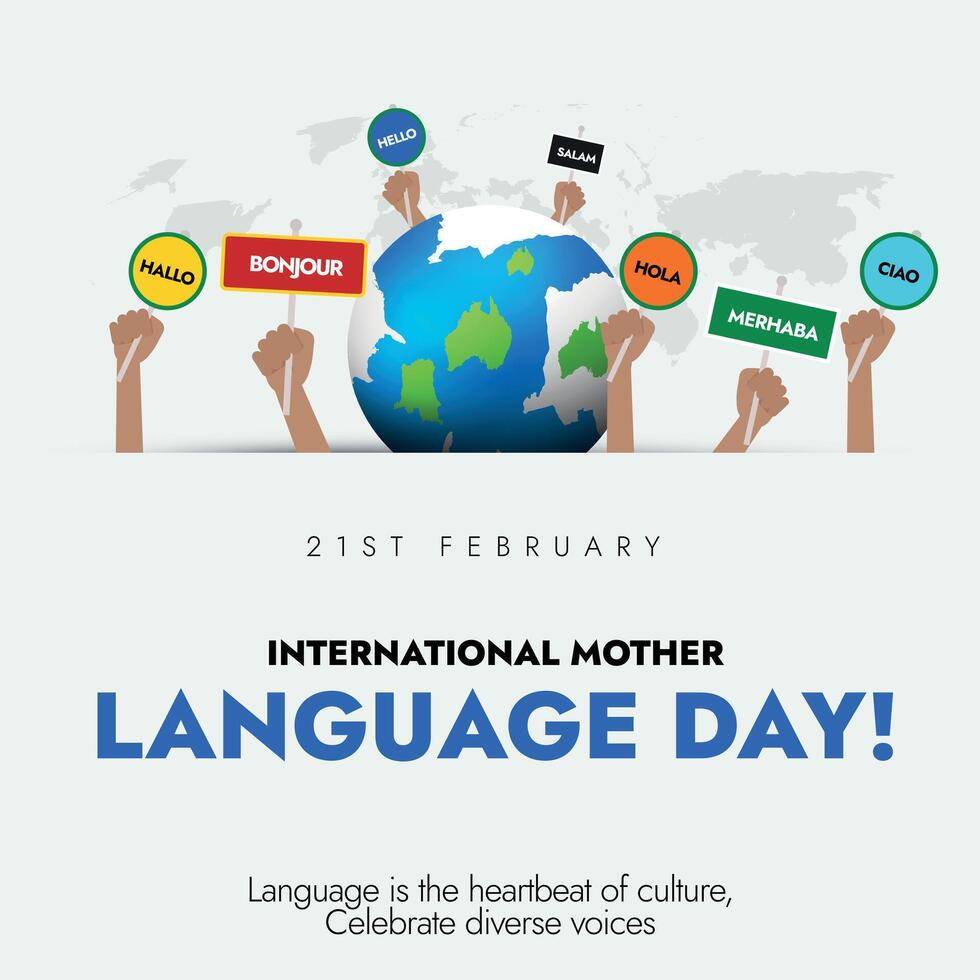 International Mother Language day. 21st February International mother language day celebration post with earth globe and different hands holding banners of greeting in different languages. vector