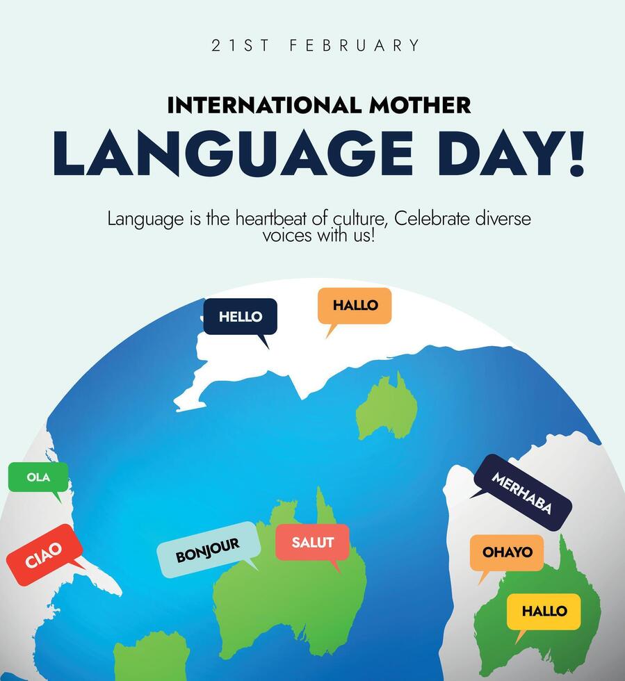 International Mother Language Day. 21st February International Mother language day celebration social media banner with earth globe and greetings in different languages to promote linguistic culture vector