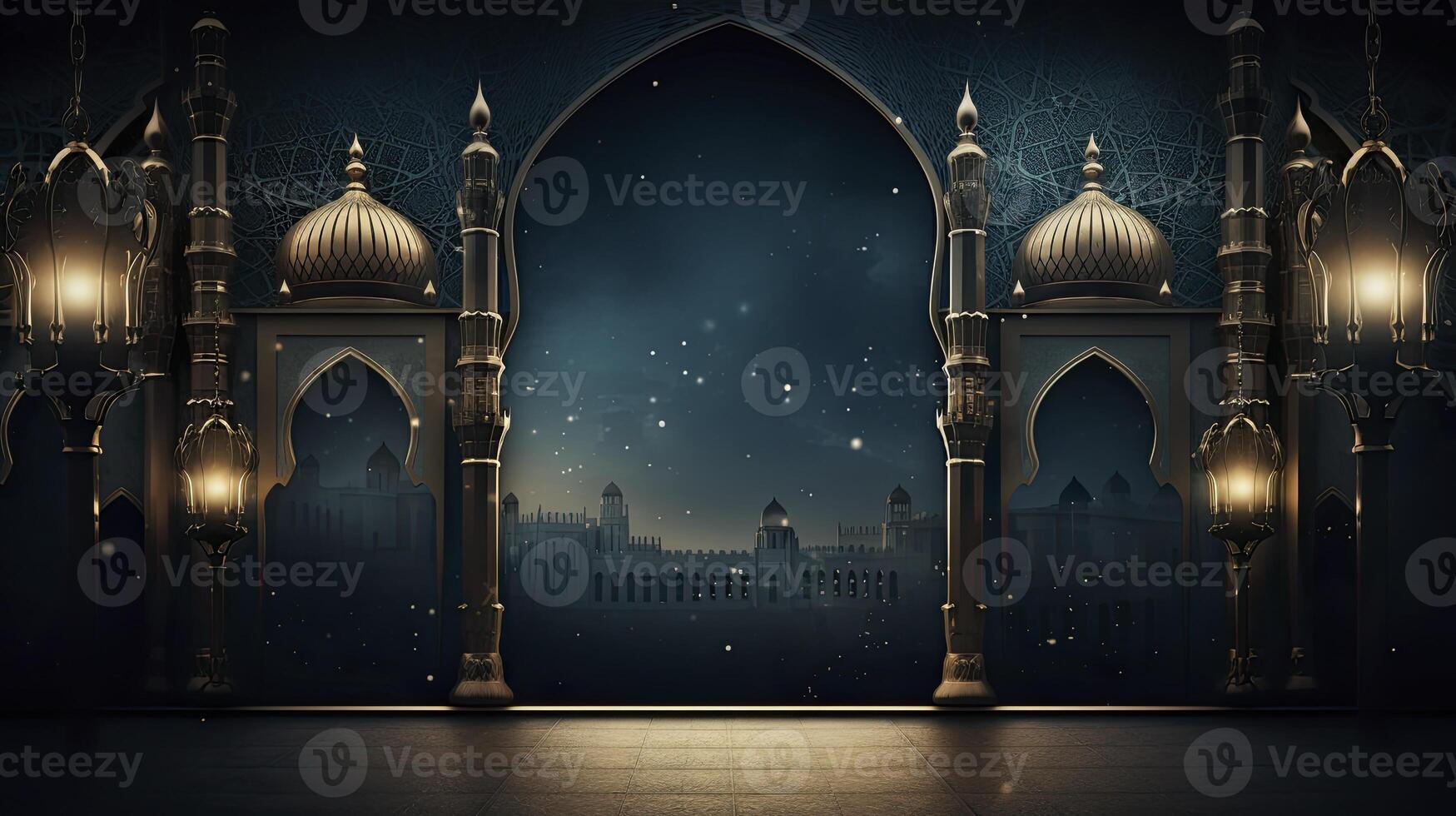 AI generated Ramadan background, free space, Art Deco, dark blue background photo