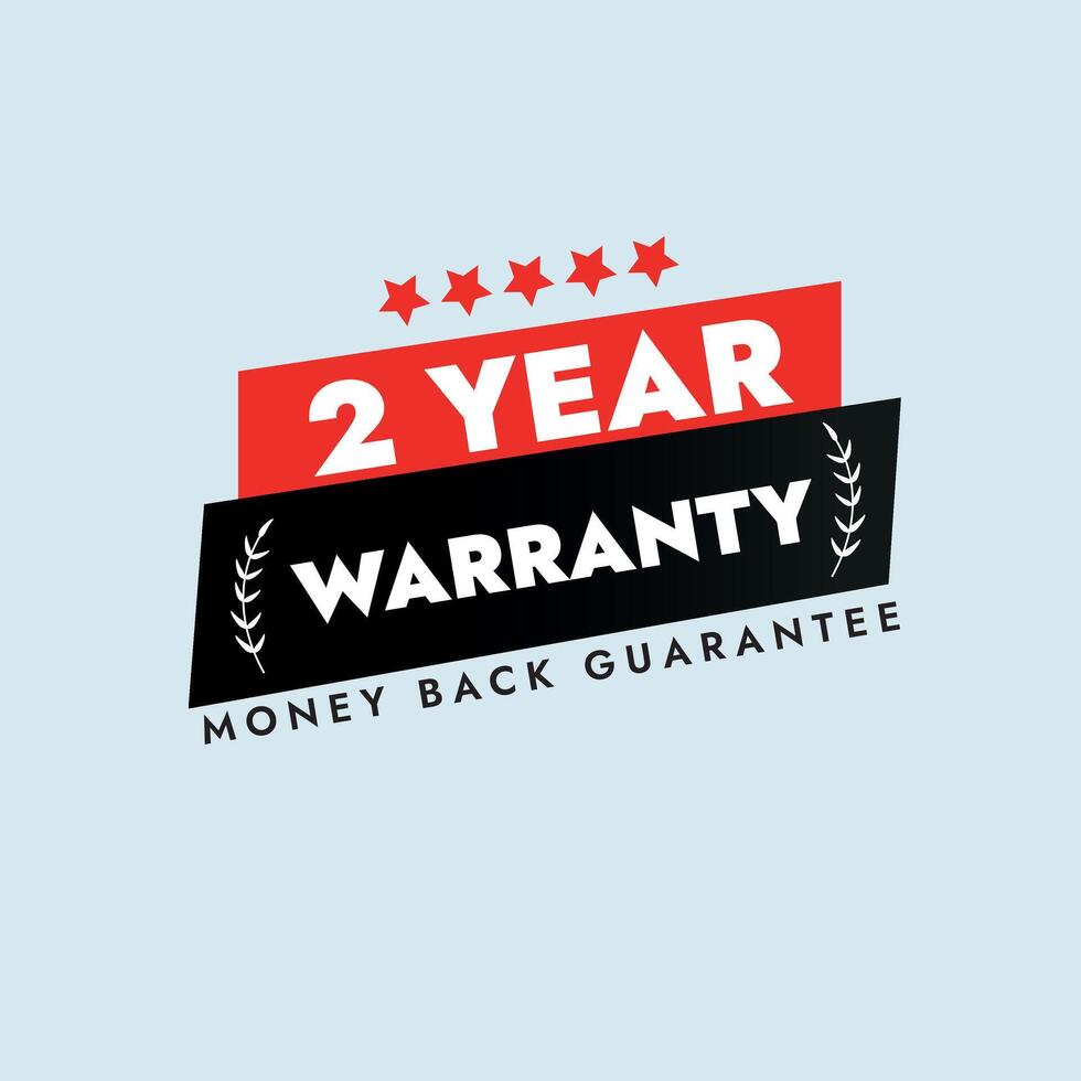 Two years Warranty. 2 years warranty stamp, badge, label in red and dark blue colour with five star and money back guarantee on light cyan background. Warranty card, stamp, label design vector