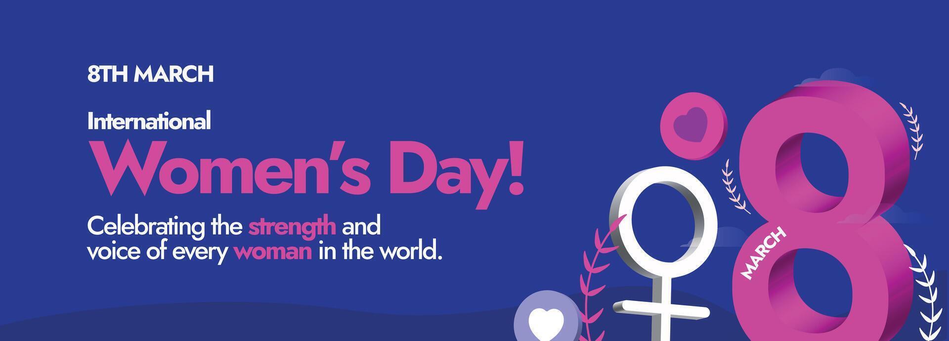 International Women's Day, 8th March Women's day celebration cover banner in dark purple colour with number 8 icon in pink colour and girl symbol in white colour. Invest in women, Accelerate progress. vector