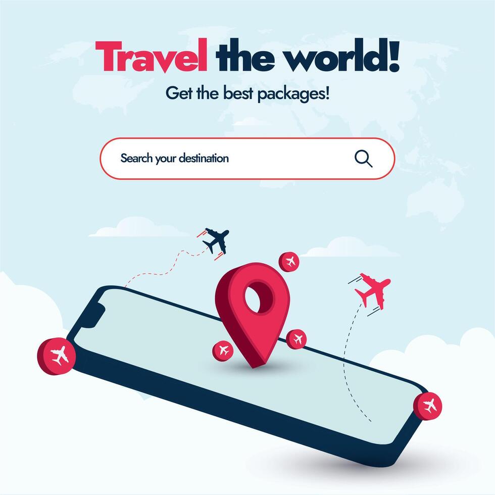 Travel and Tourism social media post. World Tourism Day, search your destination. Travel agency promotion post with 3D mobile phone screen, location icon, World map with dashed trace line vector